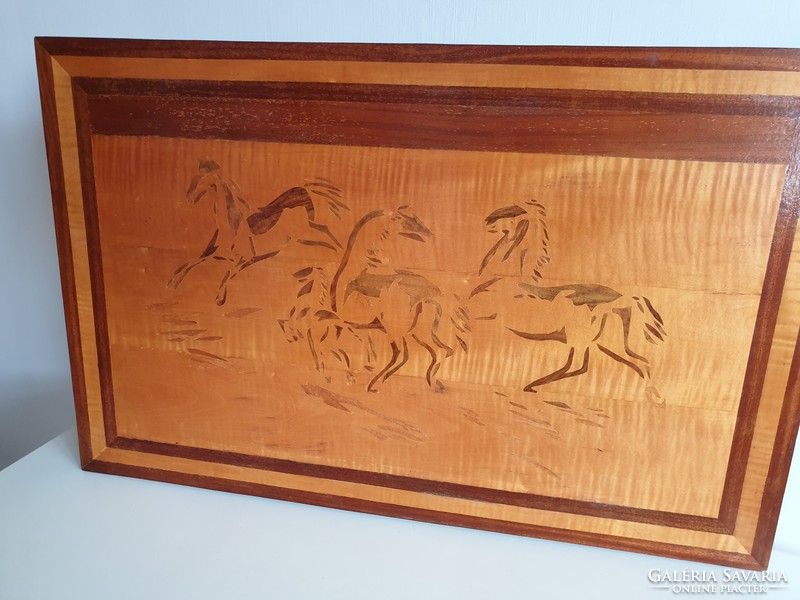 Retro régi nagy méretű 81,5 cm intarzia lovak lovas fali kép fa fali dísz