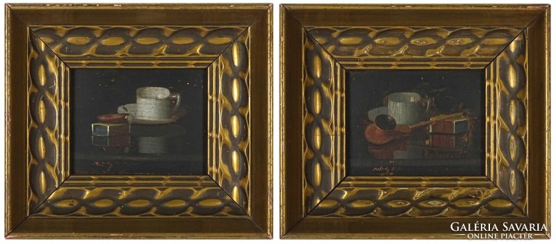 1M443 XX. századi festő : Asztali csendélet bútorkép pár