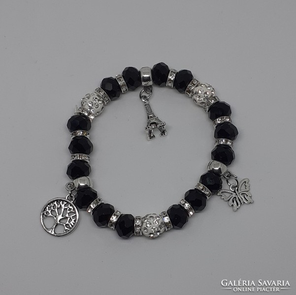 Bracelet with shambala pearls, tree of life, butterfly and Eiffel Tower pendants