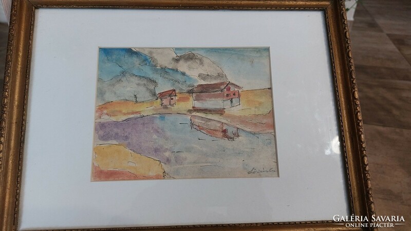 (K) signed highlands with houses watercolor painting 37x28 cm with frame
