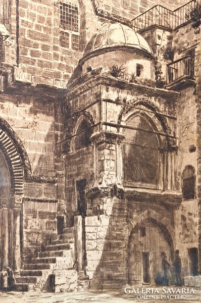 Kápolna Jeruzsálemben - Via Dolorosa - jelzett régi rézkarc, francia művész munkája