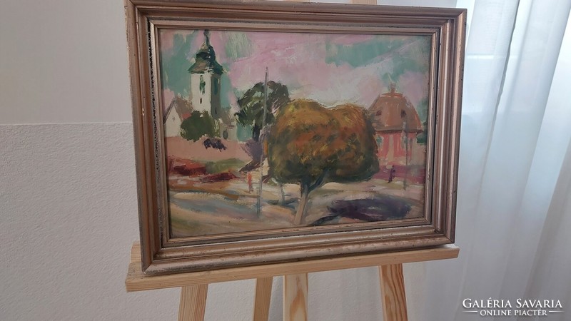 (K) Ilosvai Varga jelzéssel falurészlet festmény 47x37 cm kerettel.