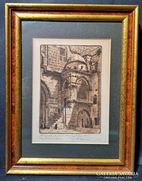 Kápolna Jeruzsálemben - Via Dolorosa - jelzett régi rézkarc, francia művész munkája