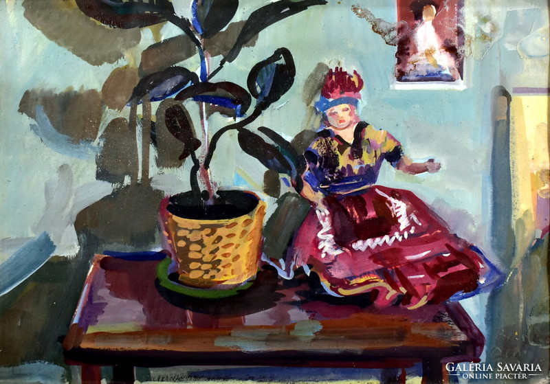 Dezső Bóka (1935) still life with a doll in folk costume