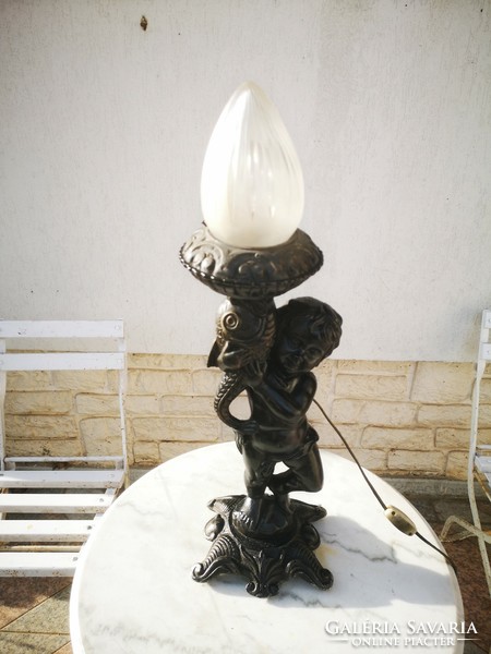 Antique huge lamp with polished glass, figurative putto statue made of metal, fish ornament, heavy 9kg.