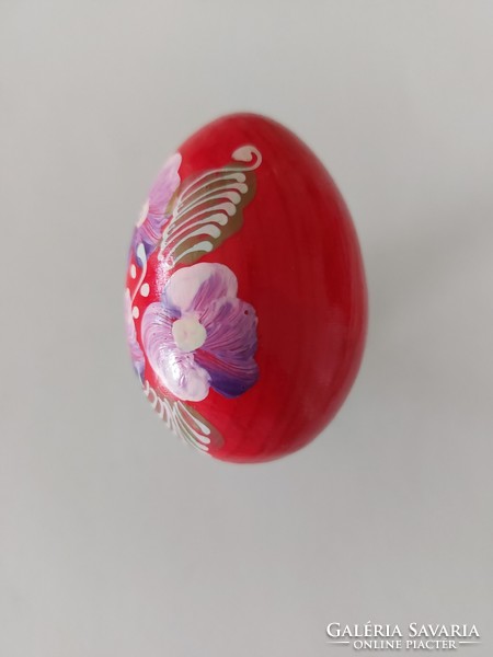 Old painted red egg bunny floral retro Easter wooden egg