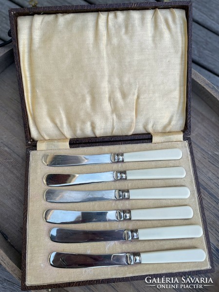 Antique, 6-person butter knife set, in original box, marked