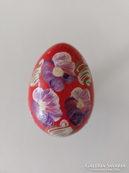 Old painted red egg white bunny floral retro Easter wooden egg