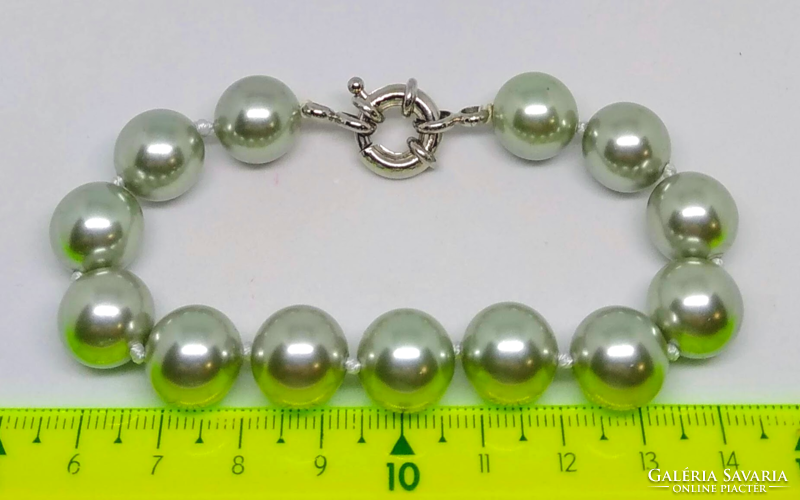 Shell pearl bracelet, pale silver-green colored 12 mm pearls