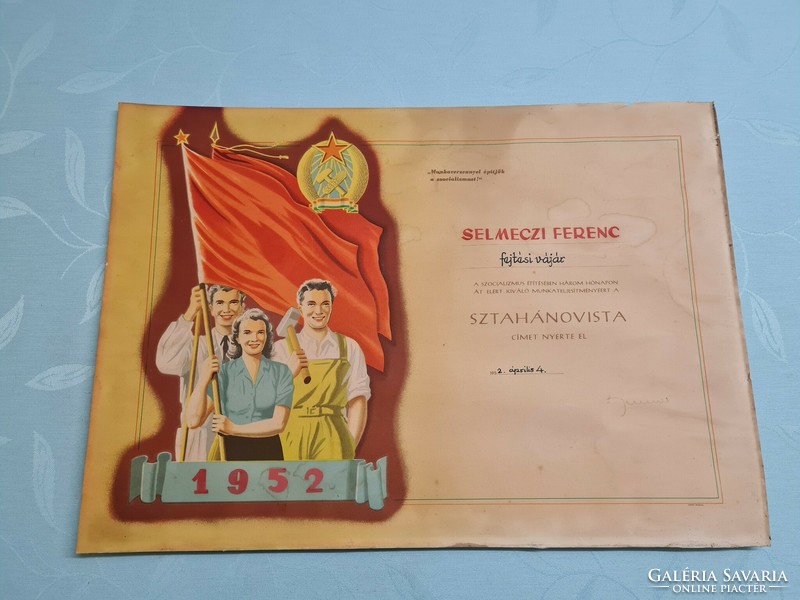 Sztahanovista fejtési vájár 1952 emléklap Bányász - Rákosi címeres