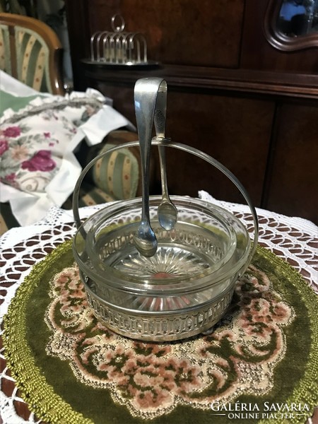 Rarity, antique, approx. 100-year-old, silver-plated, openwork wall, glass inlay sugar offering container, with tongs