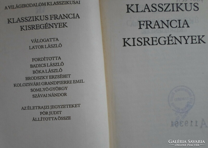 Klasszikus francia kisregények (A világirodalom klasszikusai; Európa, 1988)