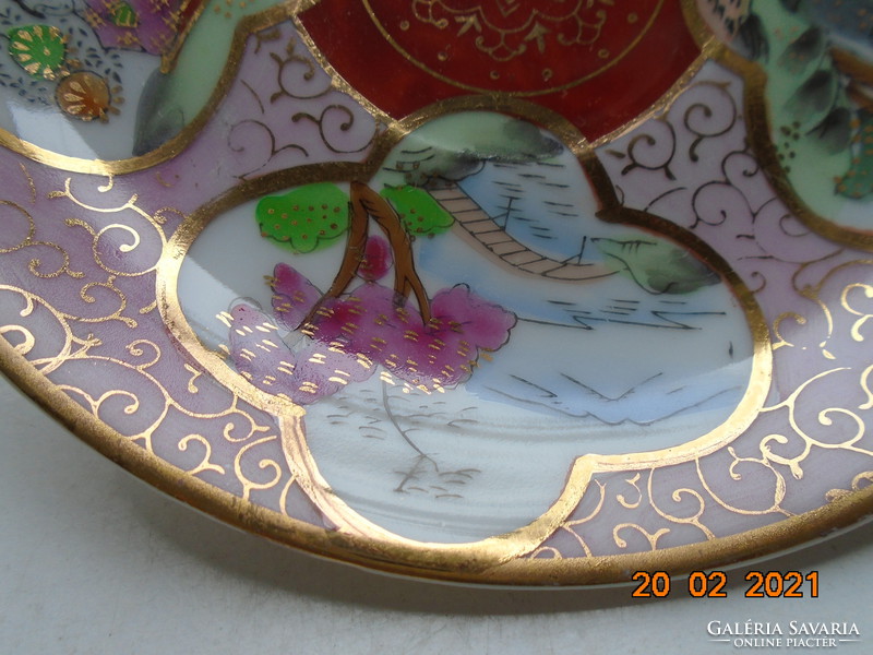 Kutani hand-painted gold brocade plate with 4 pictures of life and landscape with the mark of the Shimazu shogun clan