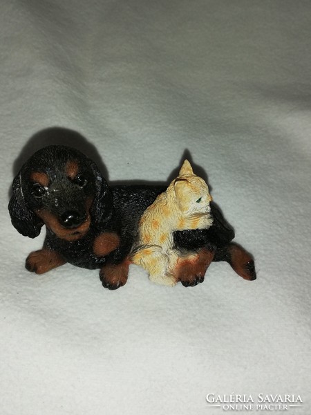 Dachshund dog with a playing kitten