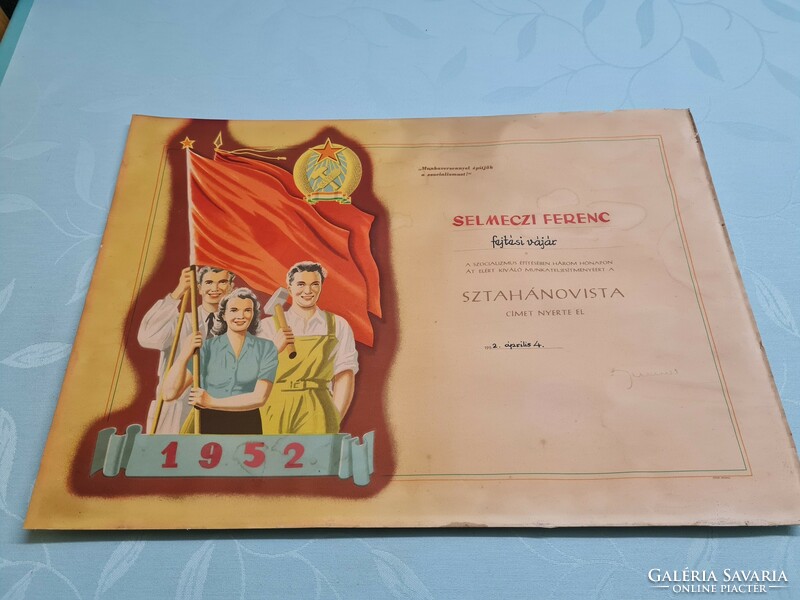 Stahanovist Fejtés vájár 1952 commemorative plate miner - Rákosi coat of arms