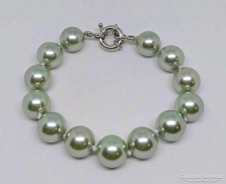Shell pearl bracelet, pale silver-green colored 12 mm pearls