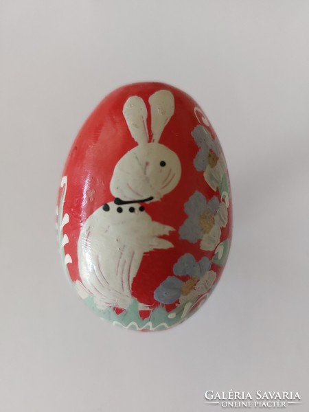 Old painted red egg bunny floral retro Easter wooden egg