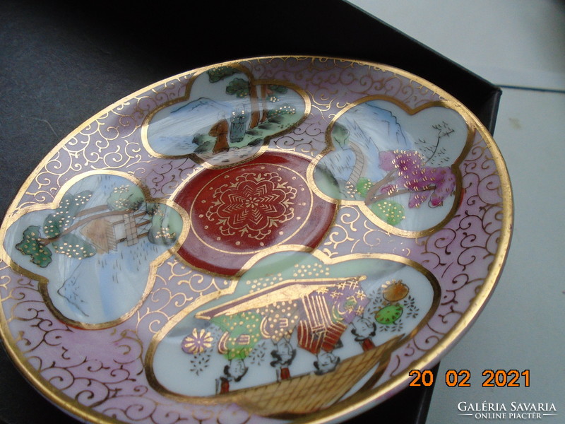 Kutani hand-painted gold brocade plate with 4 pictures of life and landscape with the mark of the Shimazu shogun clan