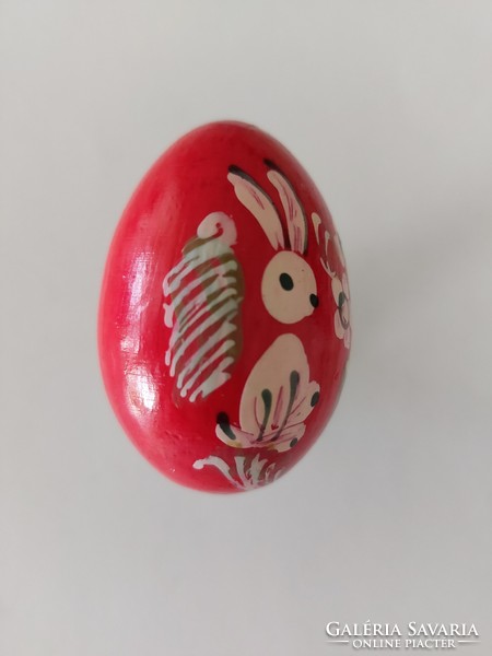 Old painted red egg bunny floral retro Easter wooden egg