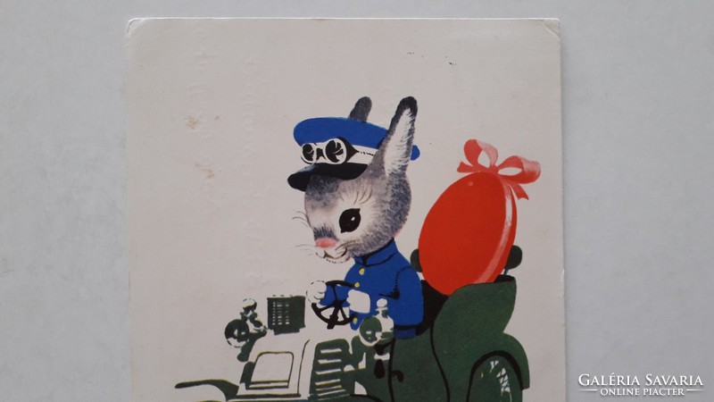 Retro Easter postcard postcard with car bunny