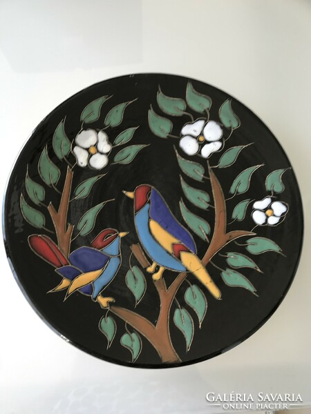 Hand-painted ceramic wall plate with birds, 28 cm diameter
