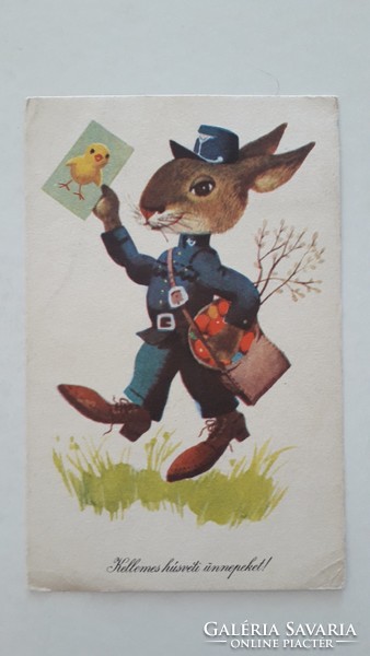 Retro húsvéti képeslap levelezőlap postás nyuszi