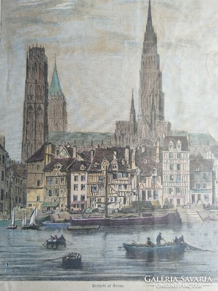 Skyline of Rouen. Colored woodcut ca. 1870