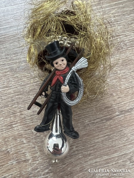 Chimney sweep plastic, chenille and glass Christmas tree decoration assembled from old elements