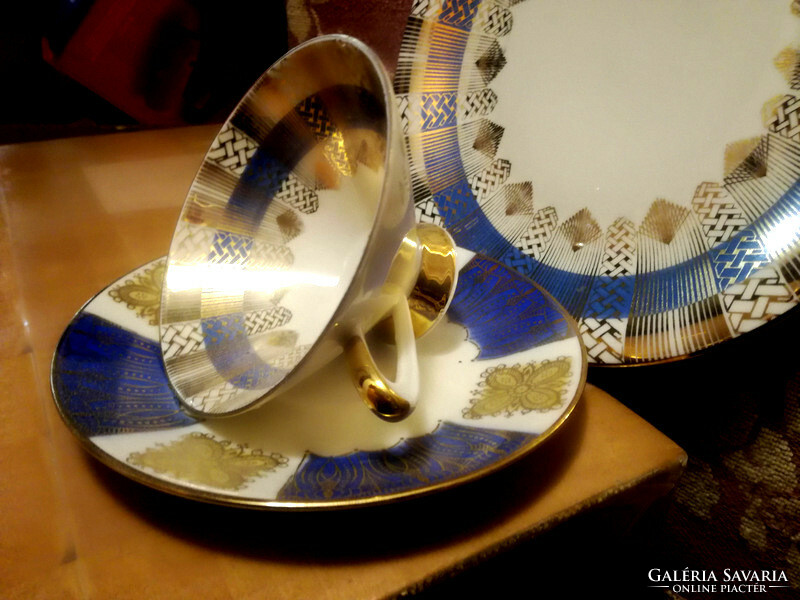 Blue / gold Bavarian breakfast trio: cup - saucer - dessert plate - art&decoration