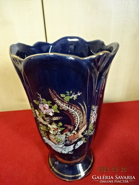 Cobalt blue German porcelain vase with gold pheasant painting. Jokai.