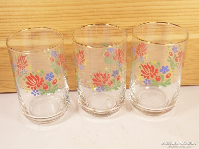 Retro régi üveg pohár - rövid italos alkohol festett virág mintás - pohár készlet 3 db