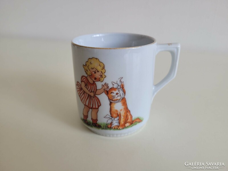 Old porcelain mug fairy tale pattern retro tea cup little girl cat pattern children's mug