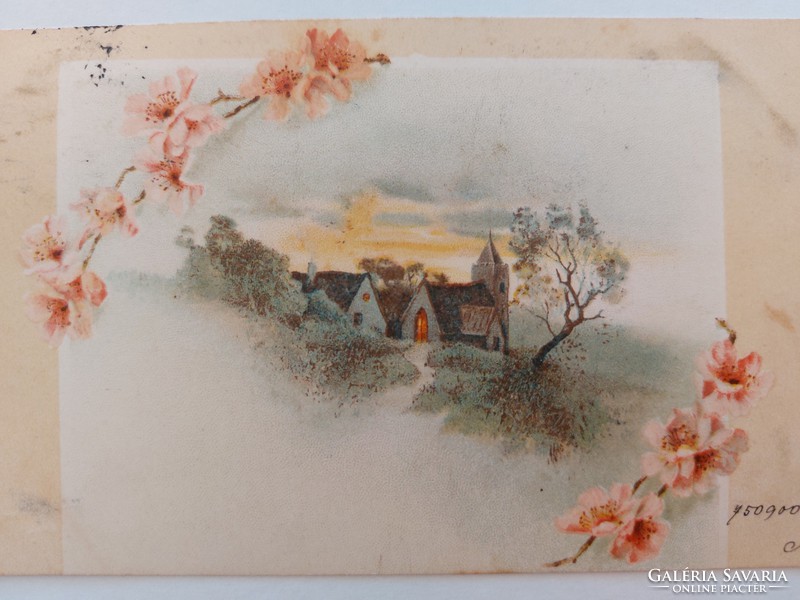 Régi képeslap 1900 levelezőlap tájkép mandulavirág