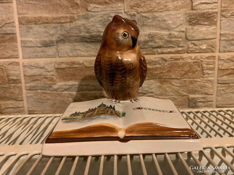Bodrogkeresztúr wise owl on a book with a view of Budapest, flawless ceramic 11 x 12 cm.