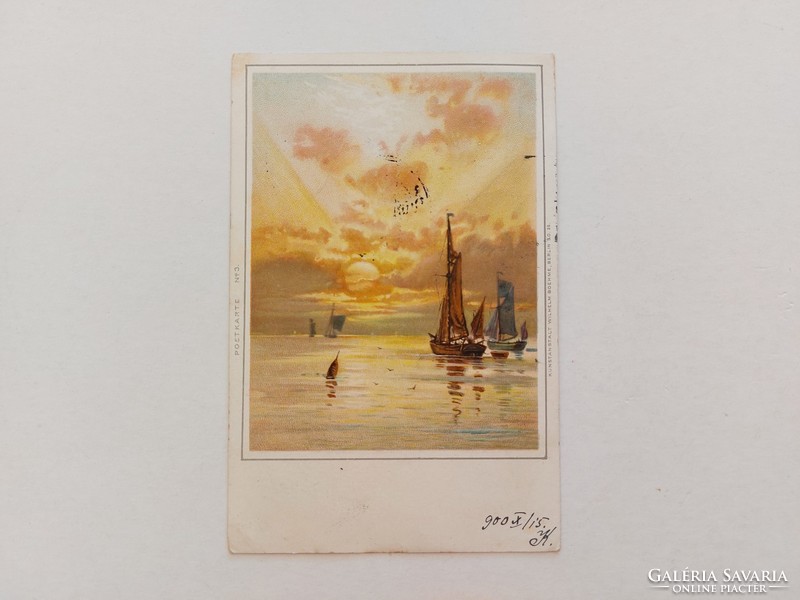 Old postcard 1900 postcard sunset ships sea