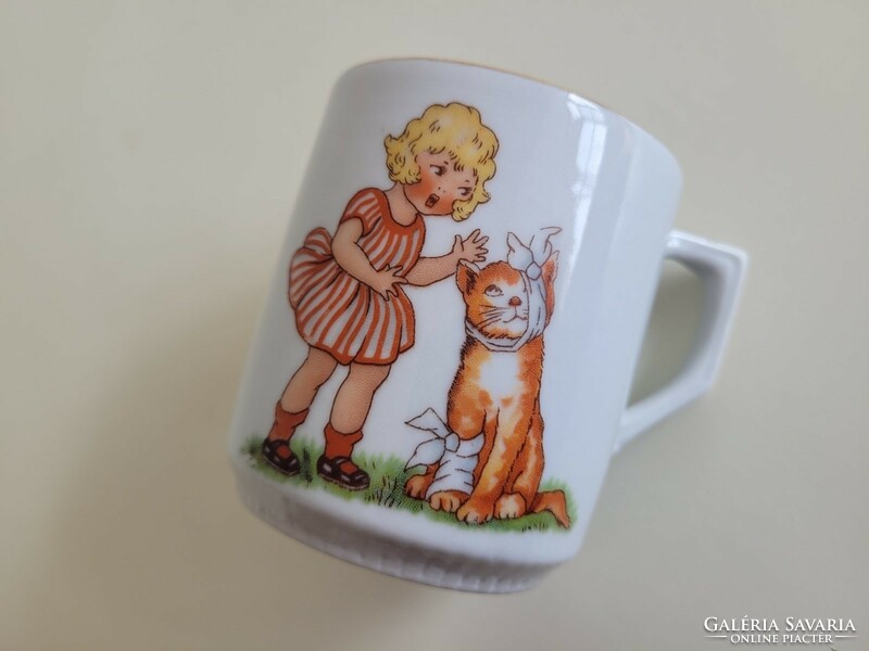 Régi porcelán bögre mese mintás retro teás csésze kislány cica mintás gyerek bögre