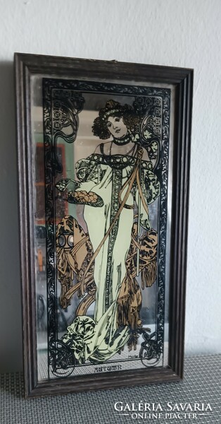 Szecessziós Jugendstil Alfonz Mucha stílusú tükrös falikép. Alkudható.