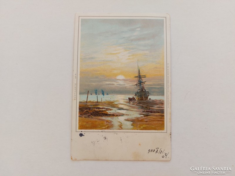 Old postcard 1900 postcard landscape ship sea