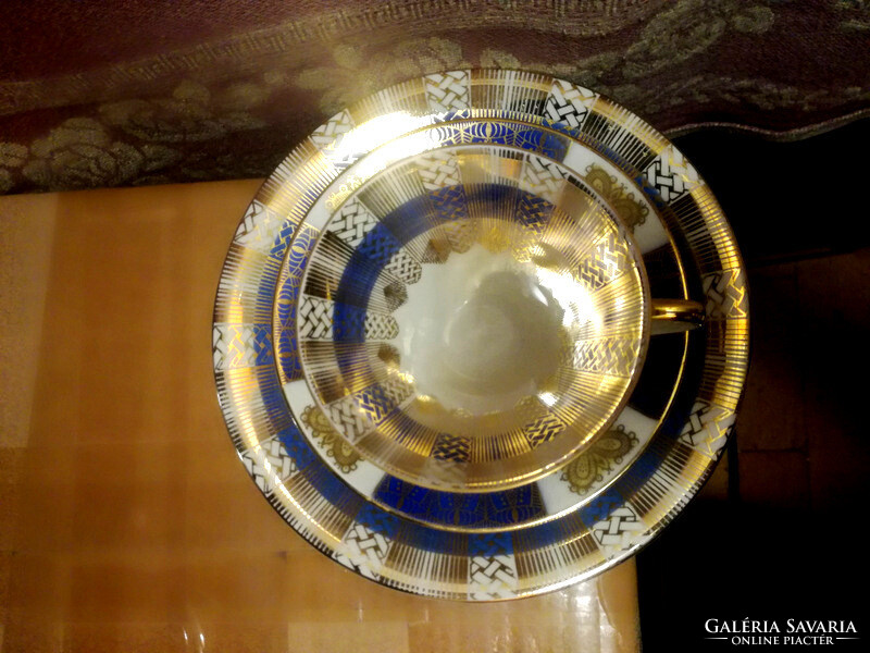 Blue / gold Bavarian breakfast trio: cup - saucer - dessert plate - art&decoration