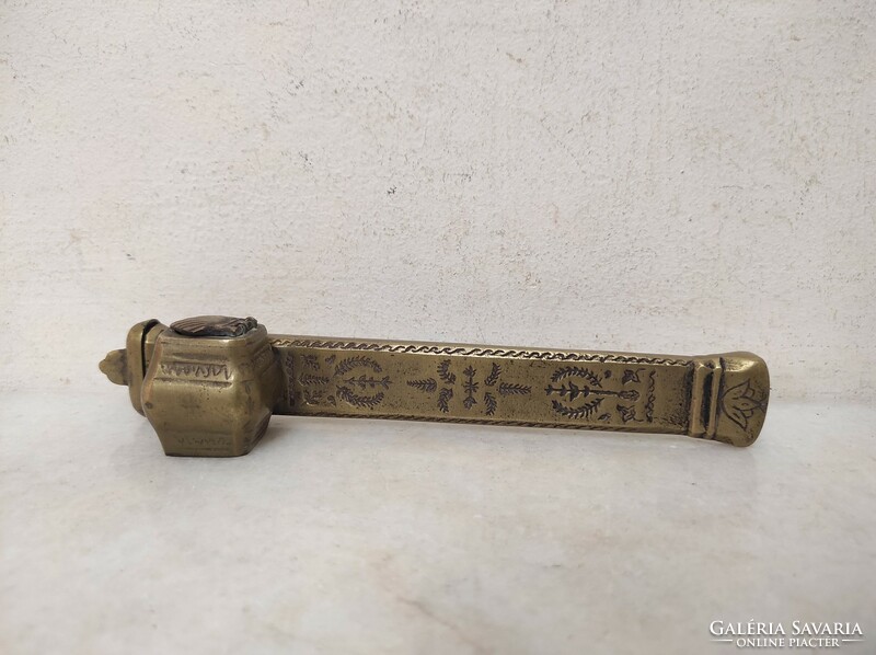 Antique Asian travel stationery ink holder engraved cast copper pen holder 19th century 214 6917