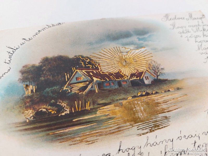 Régi képeslap 1902 levelezőlap házikó aranyló Nap