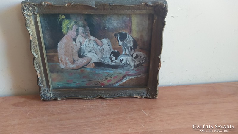 (K) children, puppies tiny old aqua painting with frame 21x17 cm.