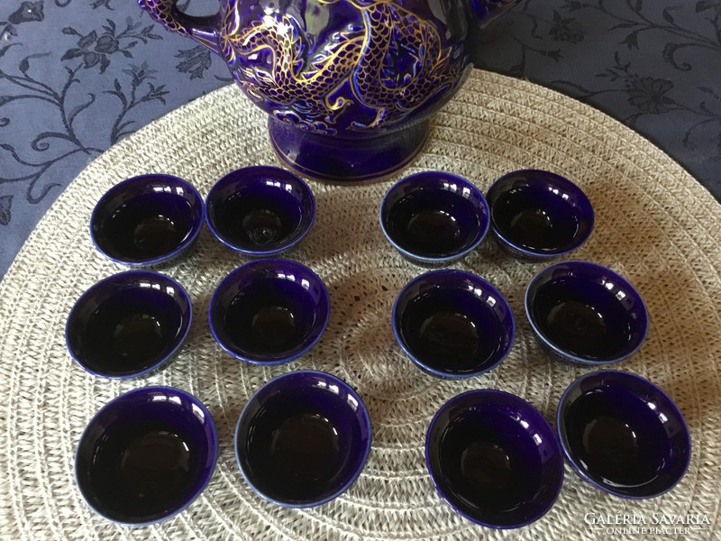Particularly beautiful drinking and sake set, cobalt-gold (wine) Antique, unusual