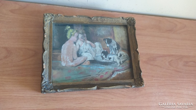 (K) Gyerekek, kiskutyák pici régi akva festmény 21x17 cm kerettel.