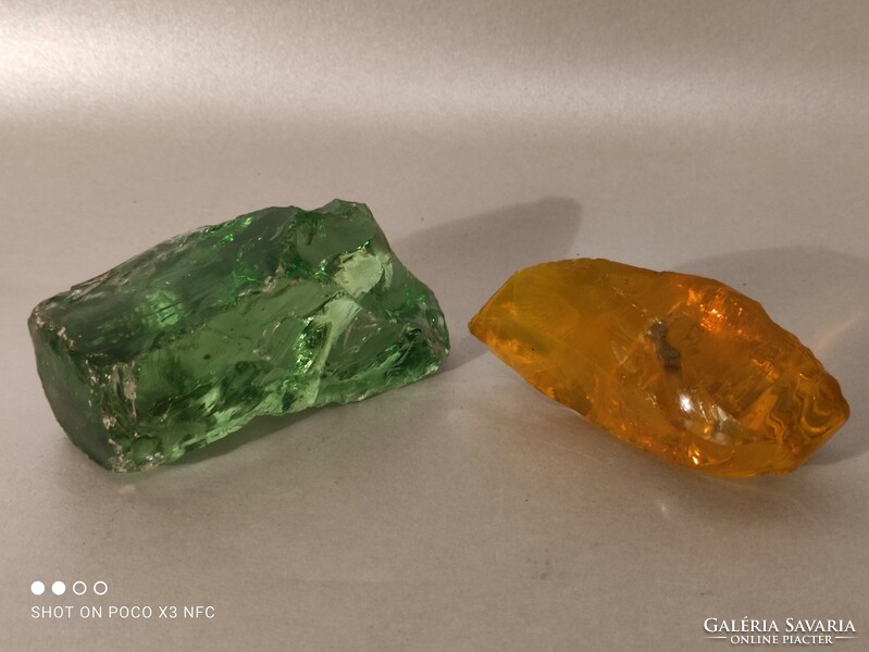 Amorphous gorgeously colored glass leaf weights, two pieces of table decorations together