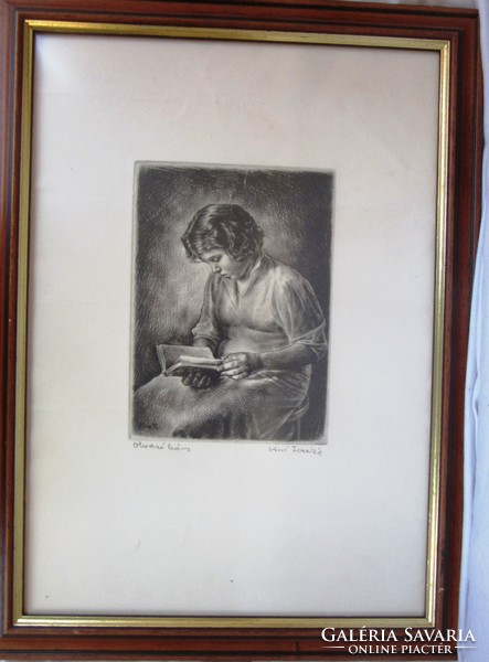 Kiss Teresa etching reading girl, marked on the plinth as well. 20 X 14, 47 x 36 cm.