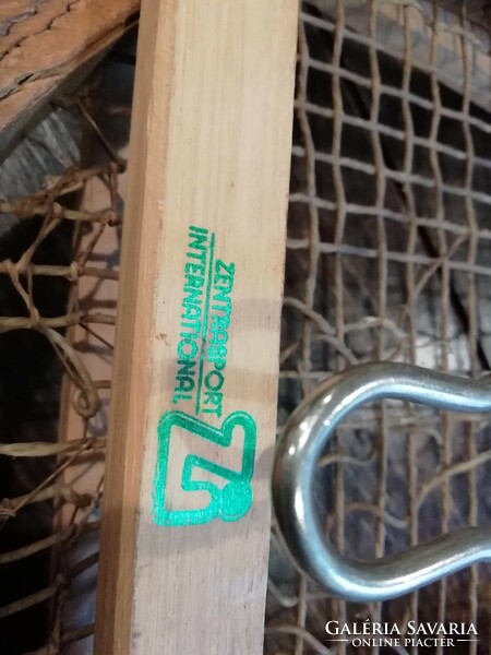 Wooden tennis racket, with tensioner, marked branded piece, for decoration