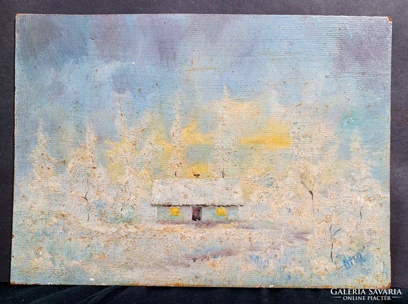Téli tájkép erdei házikóval - jelzett olajfestmény (27x19 cm)