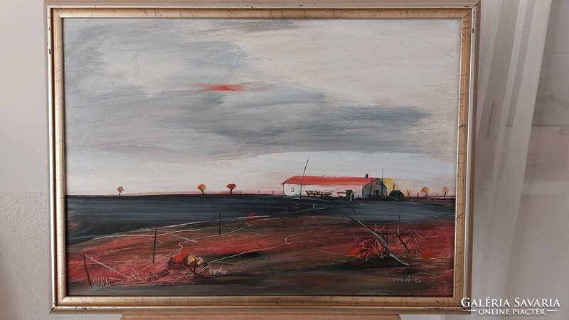 (K) Szép szignózott tájkép festmény tanyával 76x57 cm kerettel