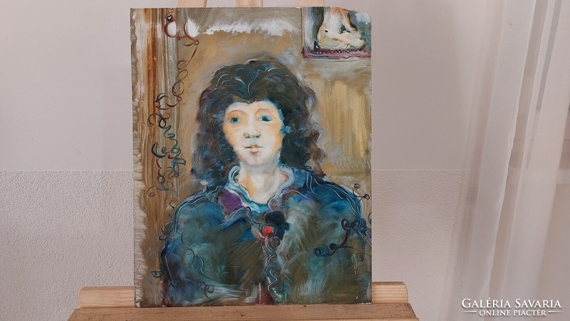 (K) Remek szürrealista portré enteriőrben festmény 36x45 cm